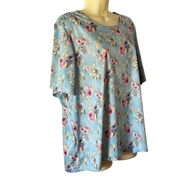 Blair 2XL Blue Floral Print Knit Top Vintage Short Sleeves - Picture 2 of 9
